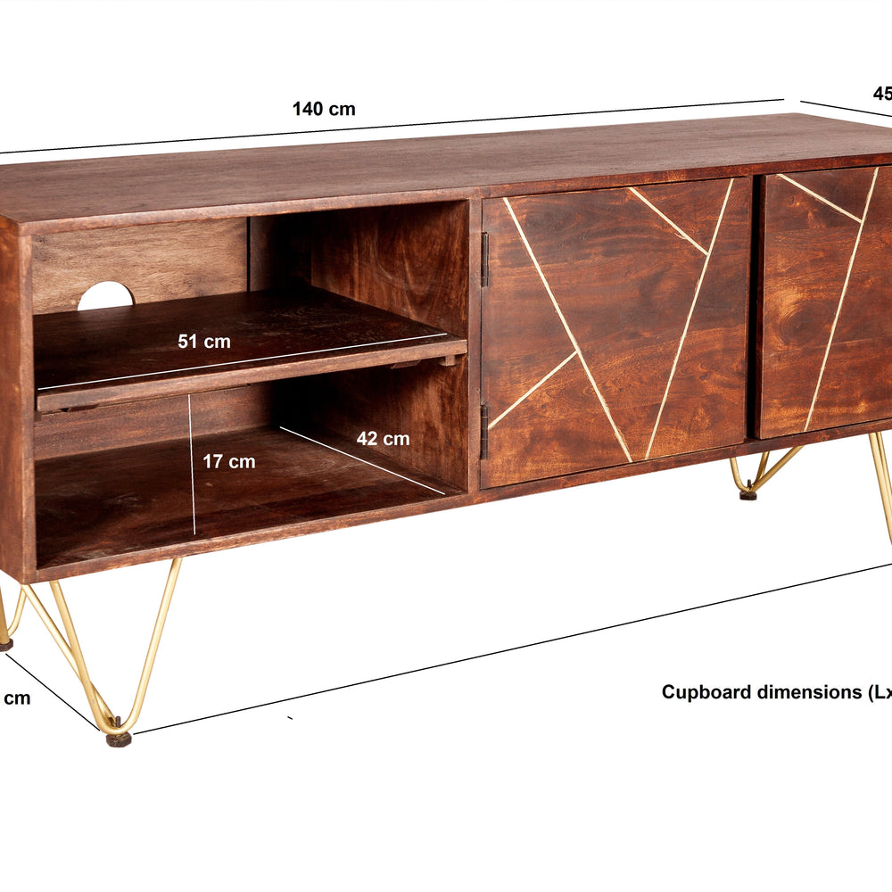 Dark gold plasma media unit made of solid mango wood with metal inlays