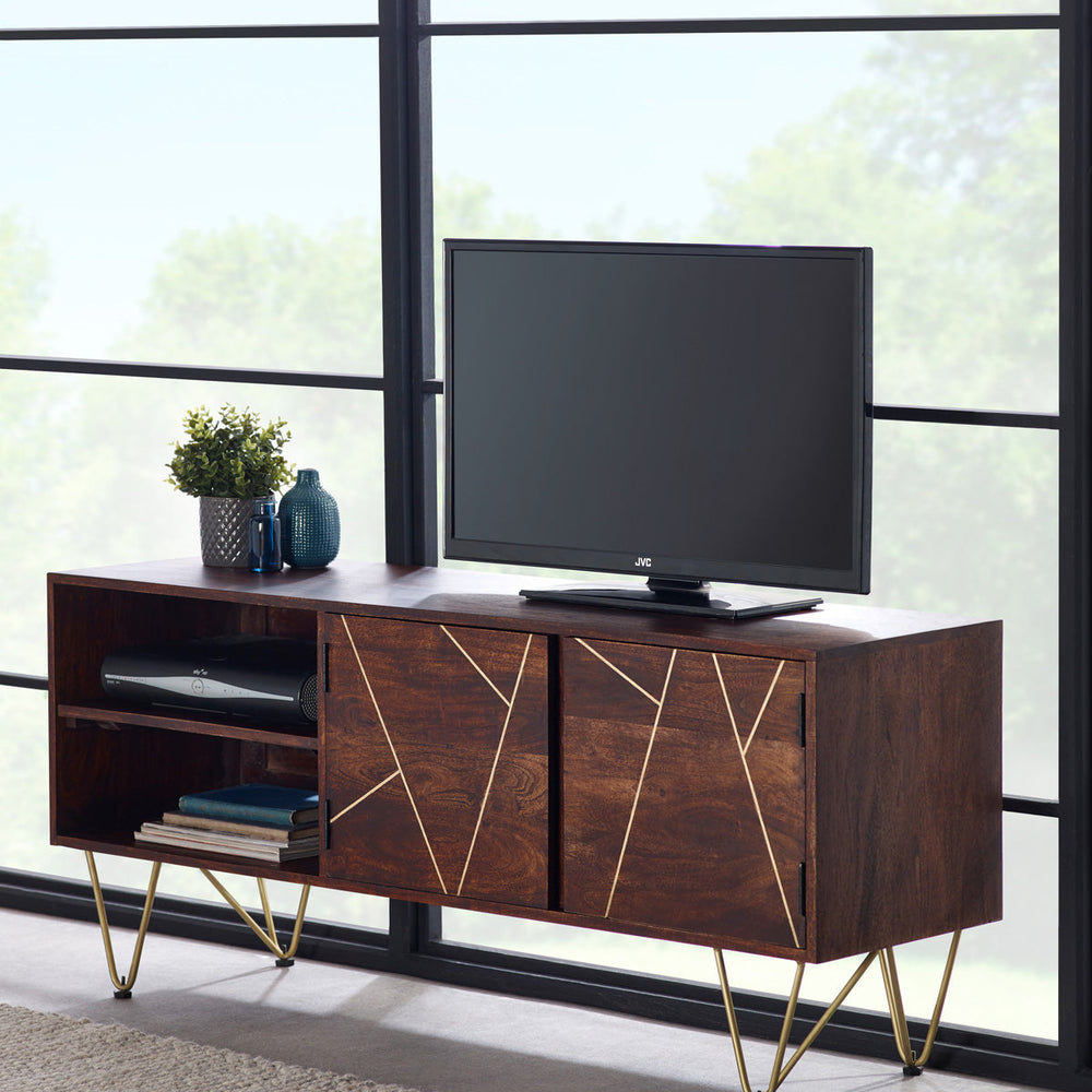 Dark gold plasma media unit made of solid mango wood with metal inlays