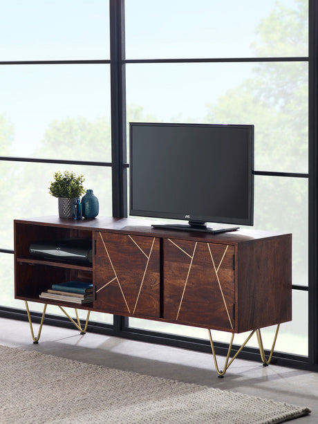 Dark gold plasma media unit made of solid mango wood with metal inlays