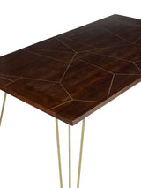 Dark gold dining table made of solid mango wood with metal inlays
