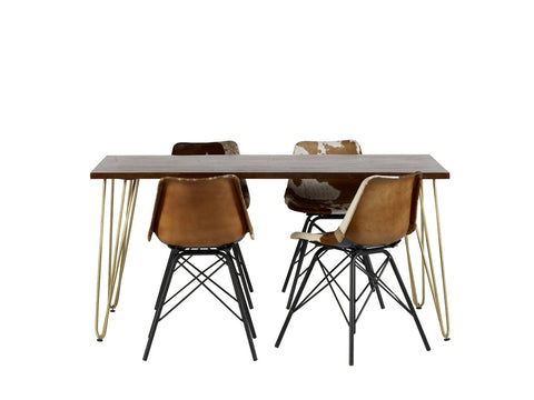 Dark gold dining table made of solid mango wood with metal inlays