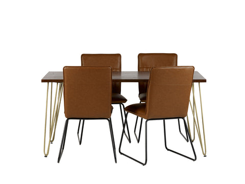 Dark gold dining table made of solid mango wood with metal inlays