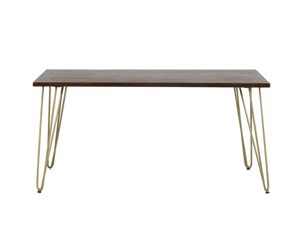 Dark gold dining table made of solid mango wood with metal inlays