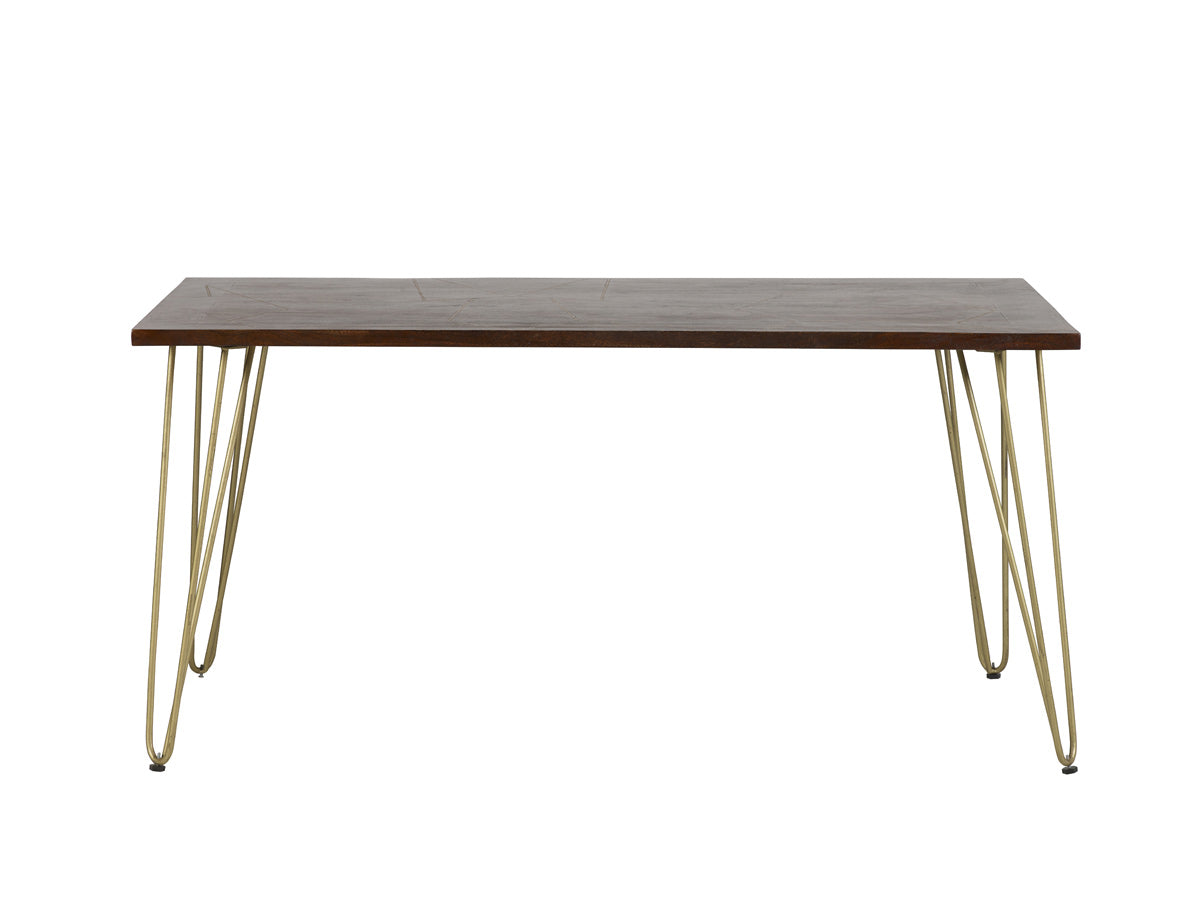 Dark gold dining table made of solid mango wood with metal inlays
