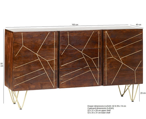 Dark Gold extra large sideboard with metal inlays and angled legs