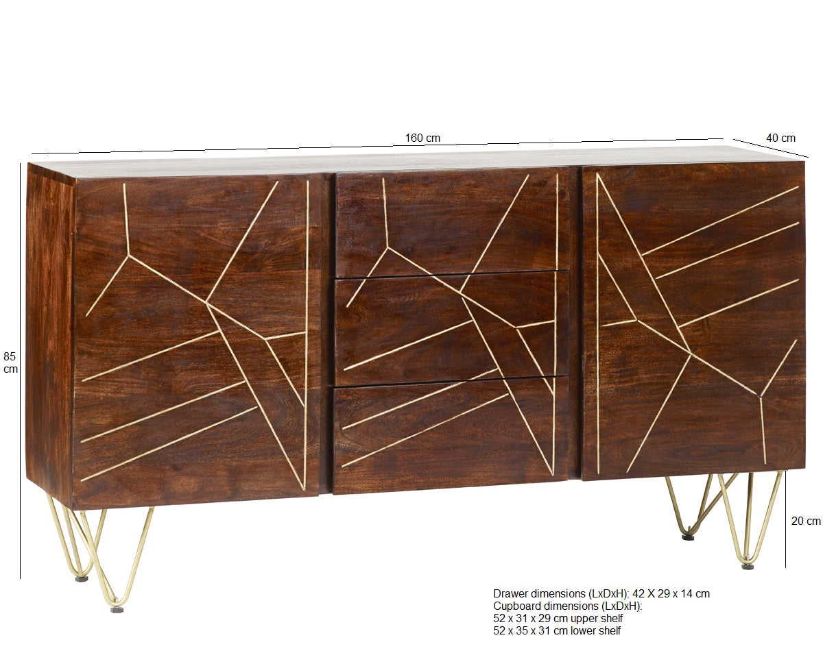 Dark Gold extra large sideboard with metal inlays and angled legs