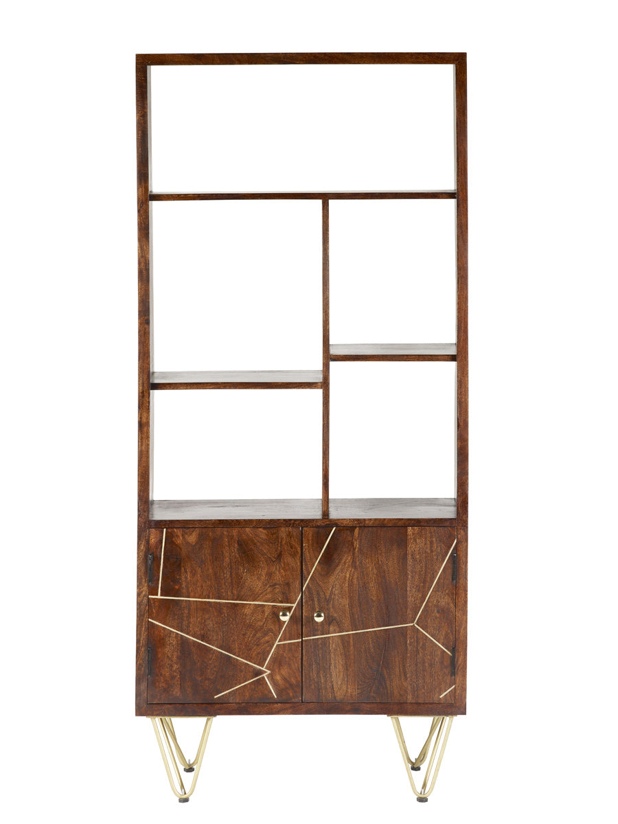Dark gold large bookcase with metal inlays and angled legs in a contemporary living room