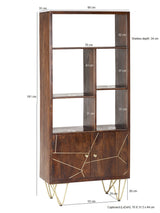 Dark gold large bookcase with metal inlays and angled legs in a contemporary living room
