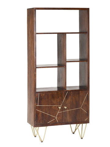 Dark gold large bookcase with metal inlays and angled legs in a contemporary living room