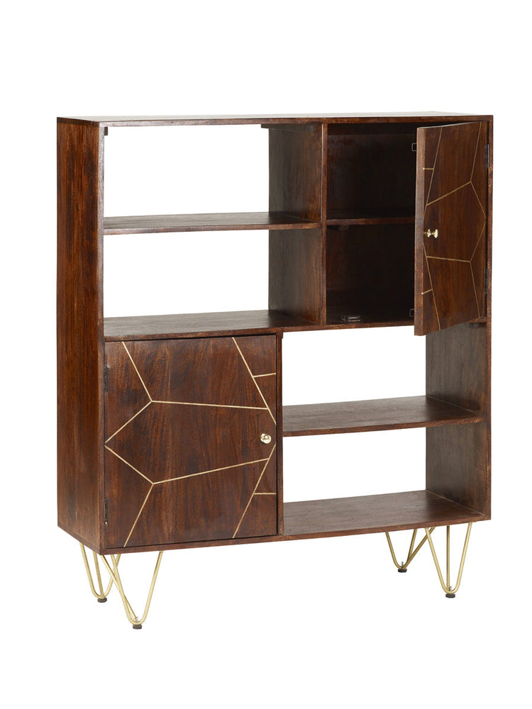 Modern dark gold display cabinet made of solid mango wood with metal inlays