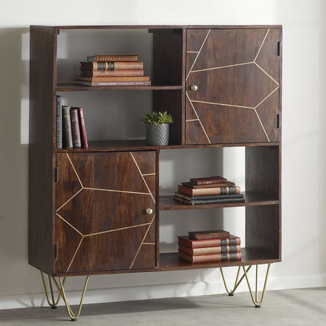 Modern dark gold display cabinet made of solid mango wood with metal inlays