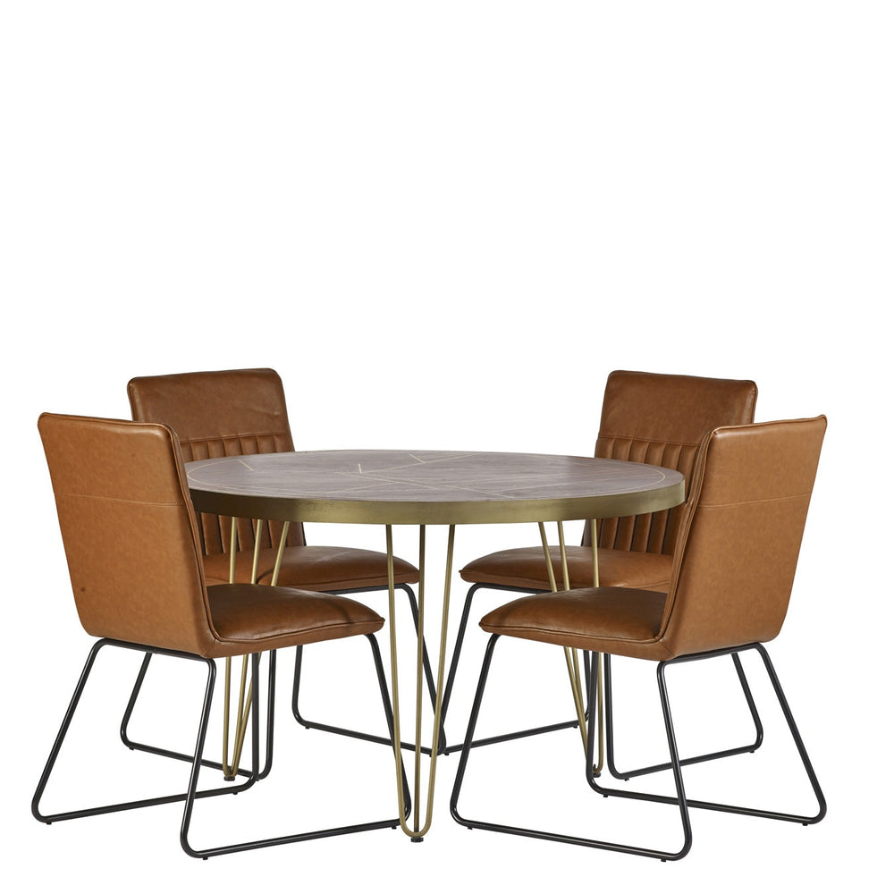 Dark gold round dining table made of solid mango wood with metal inlays