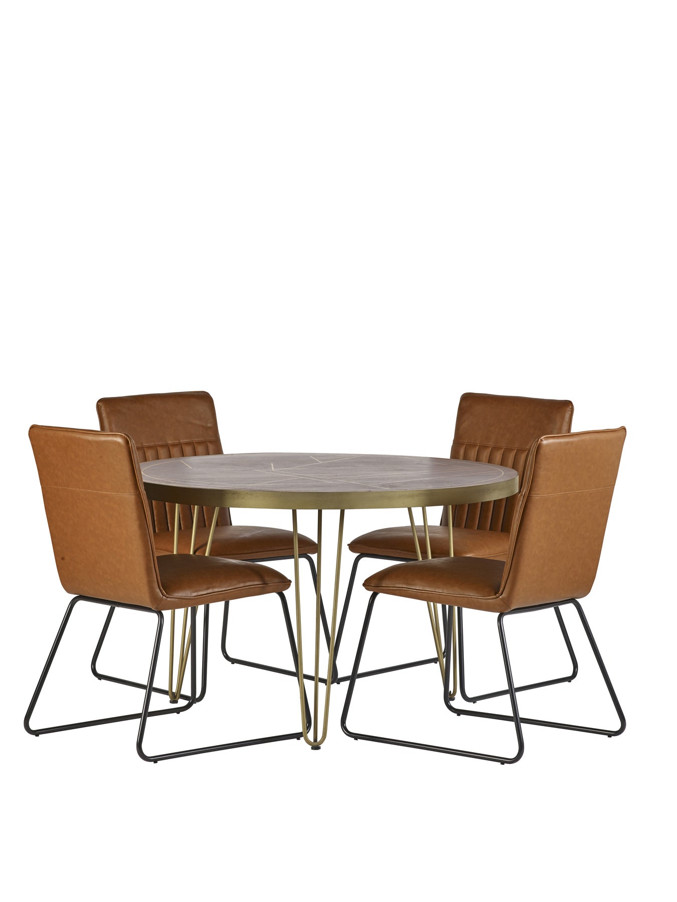 Dark gold round dining table made of solid mango wood with metal inlays