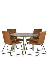 Dark gold round dining table made of solid mango wood with metal inlays