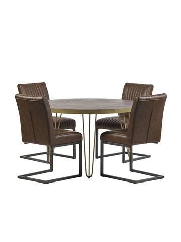 Dark gold round dining table made of solid mango wood with metal inlays