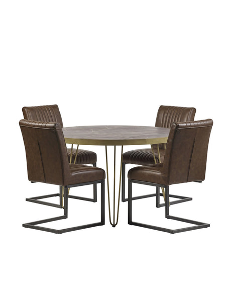 Dark gold round dining table made of solid mango wood with metal inlays