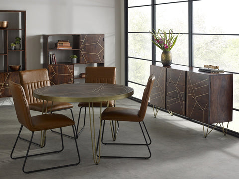 Dark gold round dining table made of solid mango wood with metal inlays