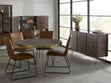 Dark gold round dining table made of solid mango wood with metal inlays