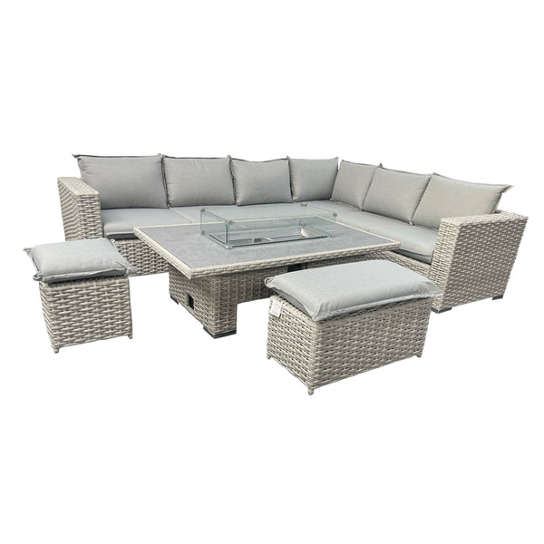 Bexley Grey Rattan Fire Pit Corner Sofa Set – Multi-Piece with Benches