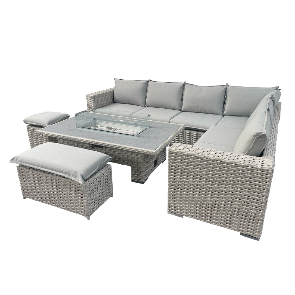 Bexley Grey Rattan Fire Pit Corner Sofa Set – Multi-Piece with Benches