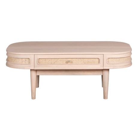 Valencia coffee table made from mango wood with a cane drawer
