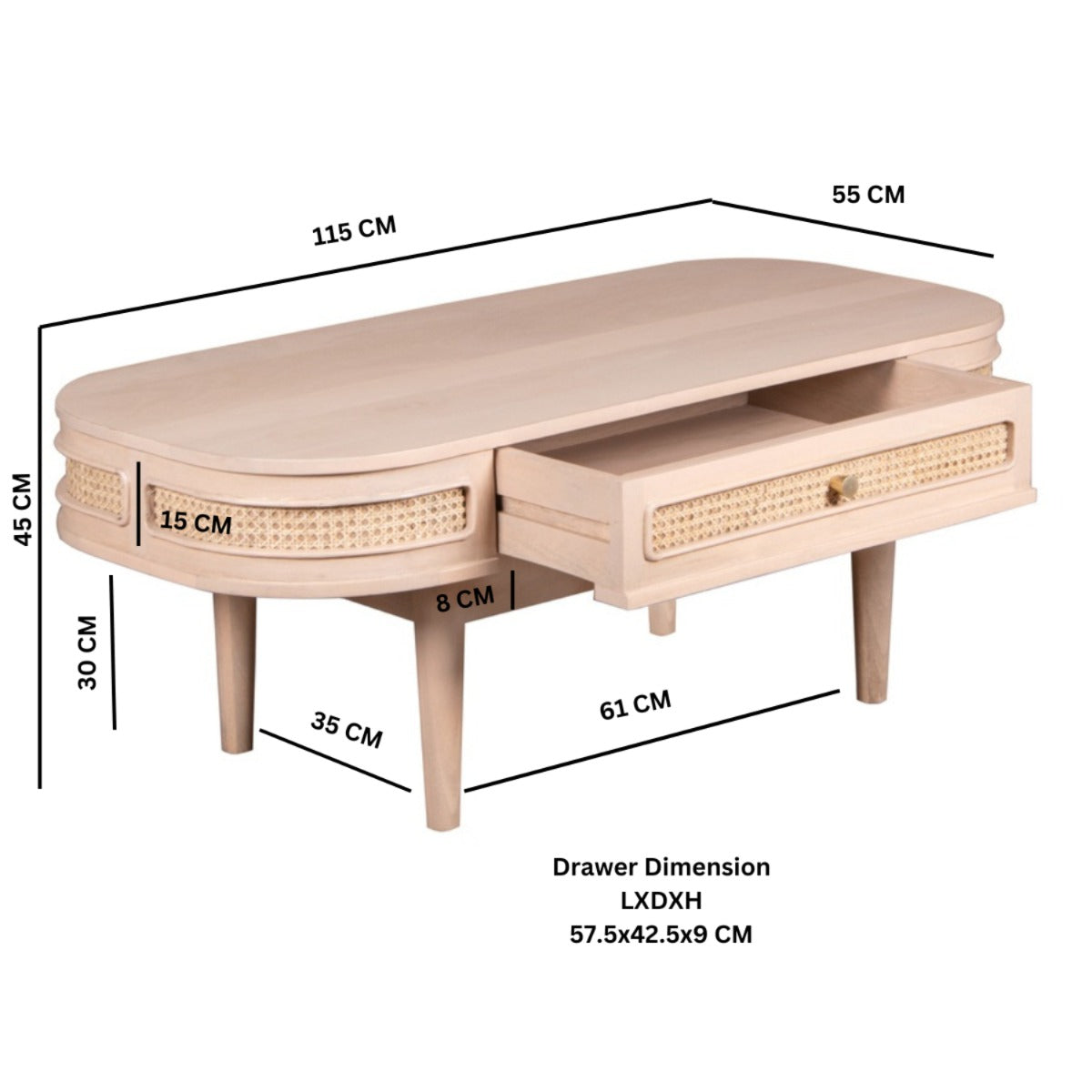 Valencia coffee table made from mango wood with a cane drawer