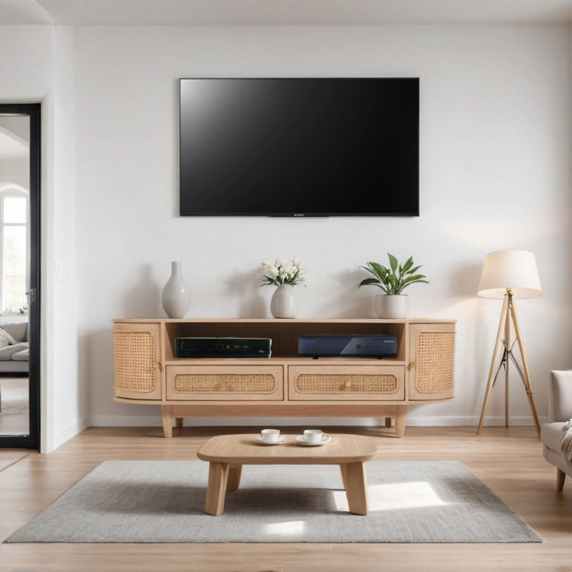 Valencia TV cabinet made from mango wood with cane detailing