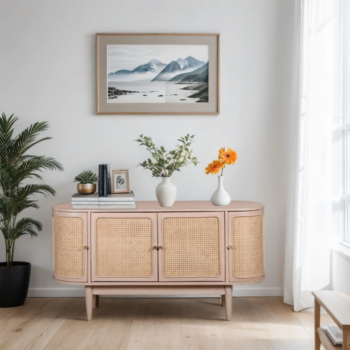 Valencia cane and mango wood sideboard in a stylish living room
