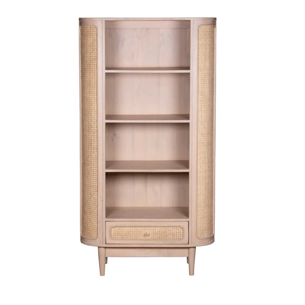 Valencia bookcase made from mango wood and woven cane, showcasing stylish design