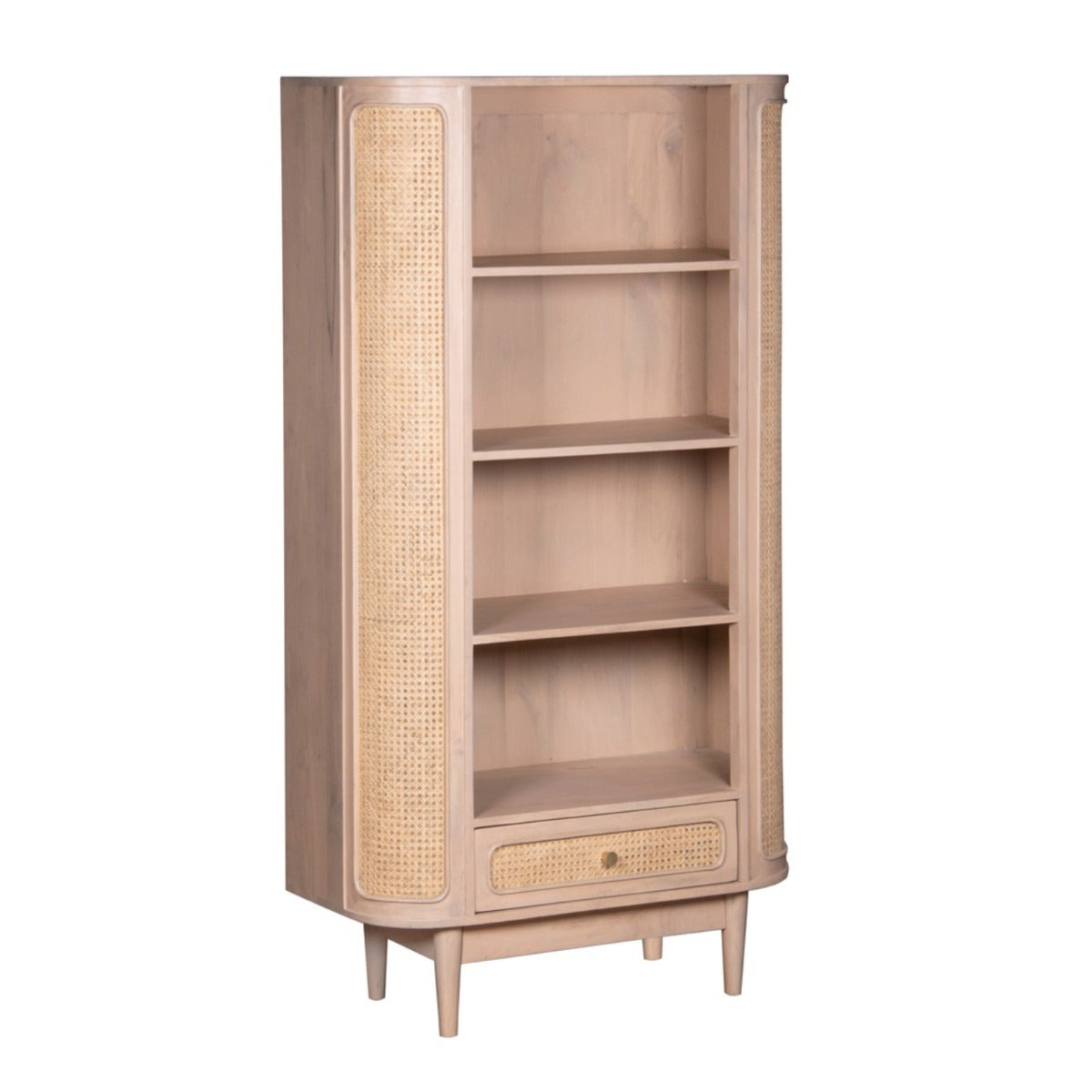 Valencia bookcase made from mango wood and woven cane, showcasing stylish design