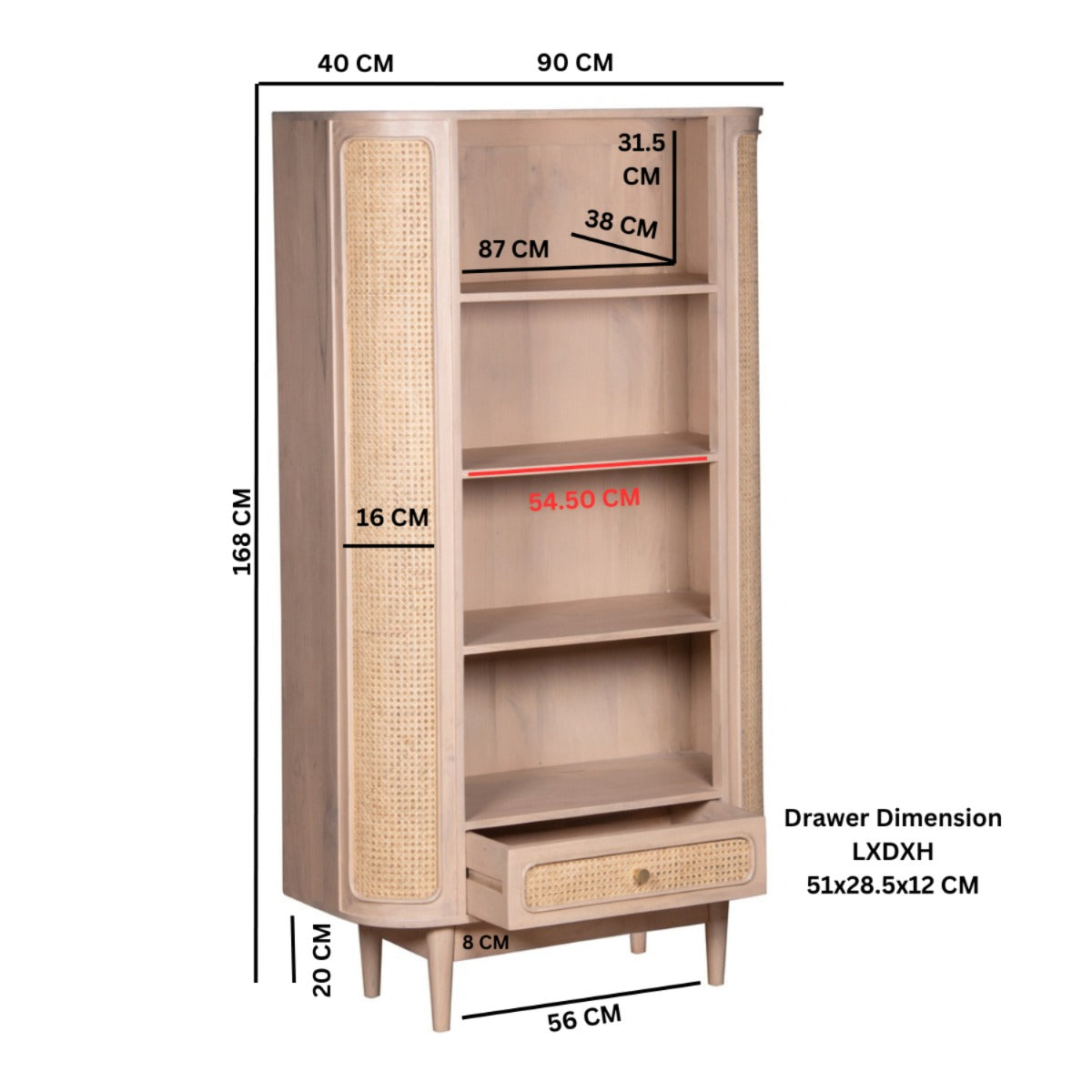 Valencia bookcase made from mango wood and woven cane, showcasing stylish design