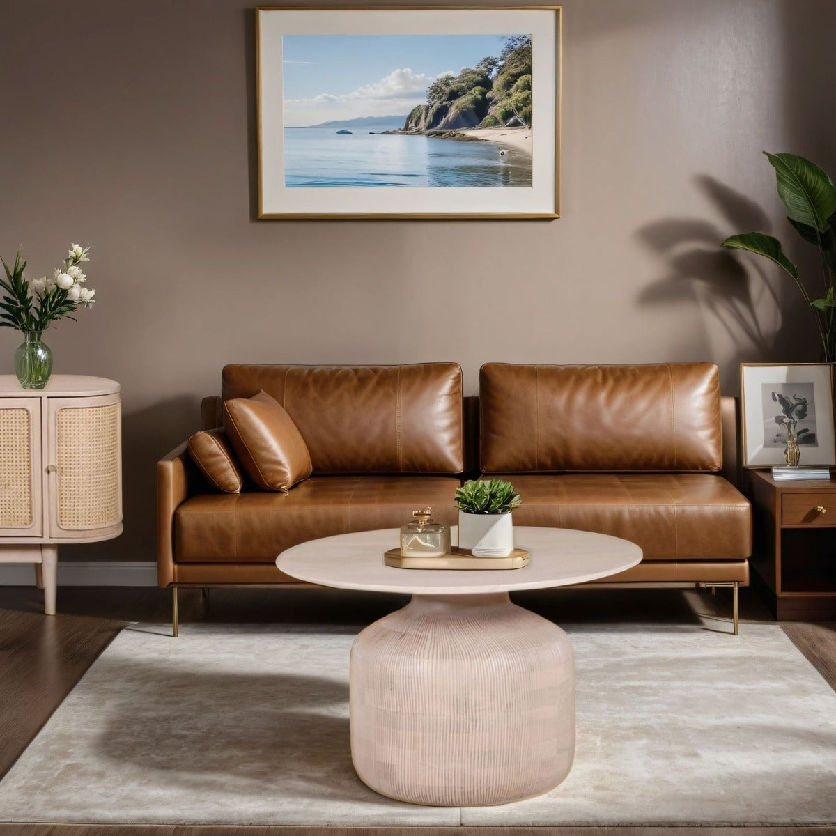 Valencia round coffee table made of mango wood with a grooved surface