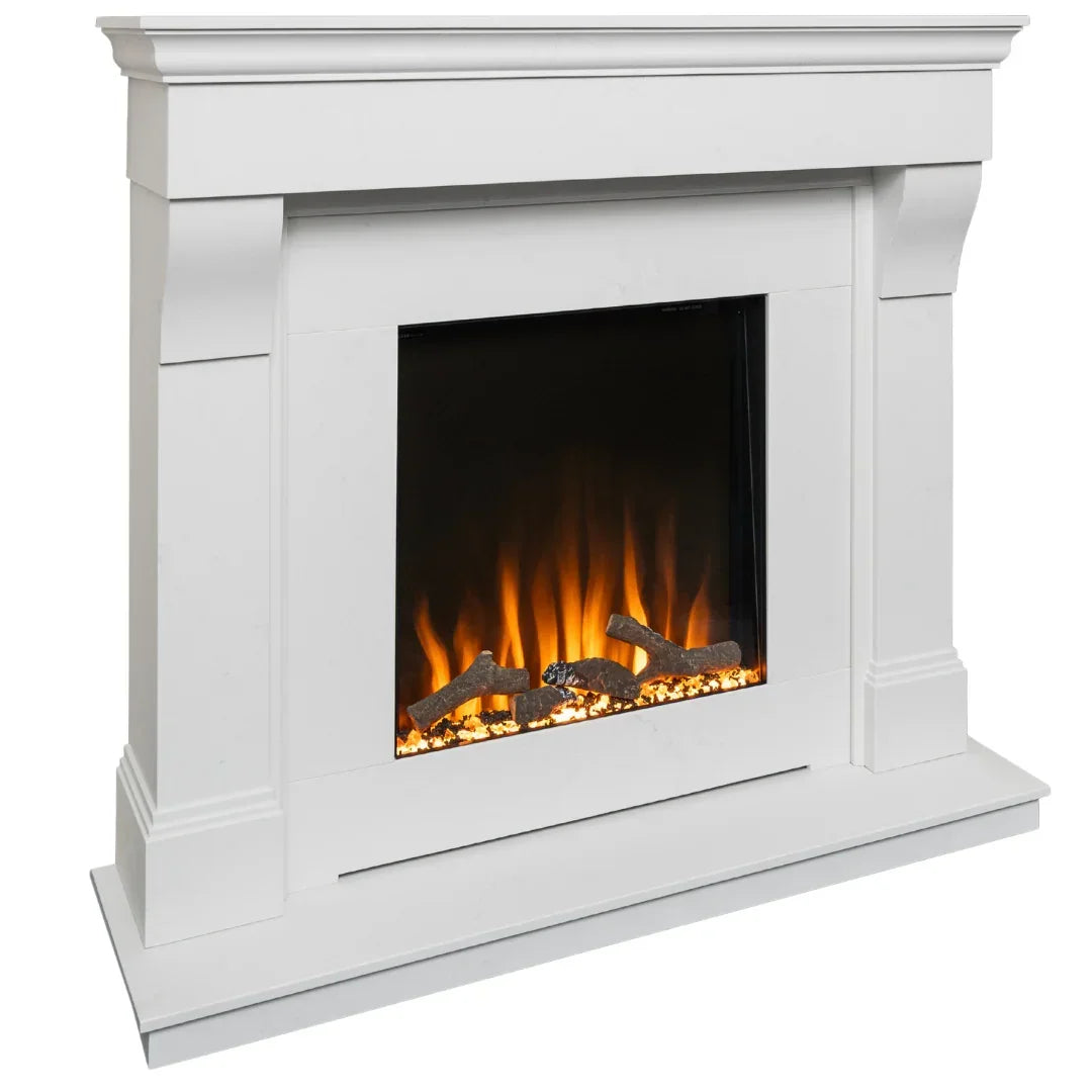 White electric fireplace suite with glowing log effect and decorative surround