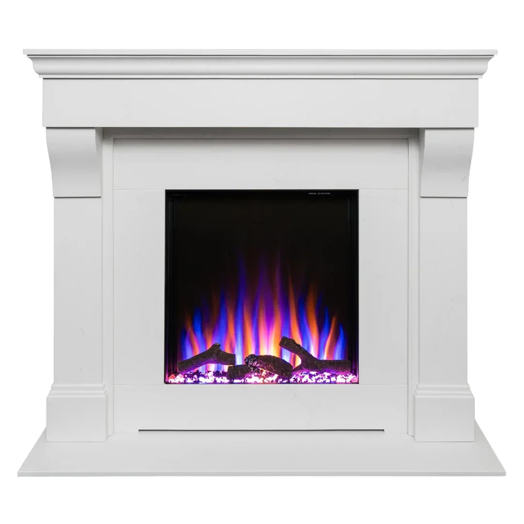 white electric fireplace with LED flame effect and log detail
