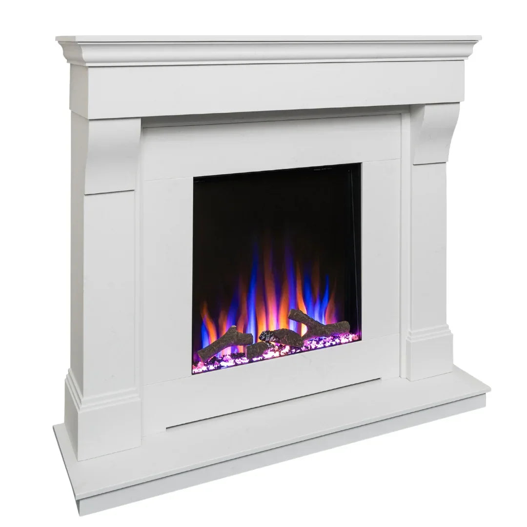 White electric fireplace with multicolored LED flame effect and log details, front view