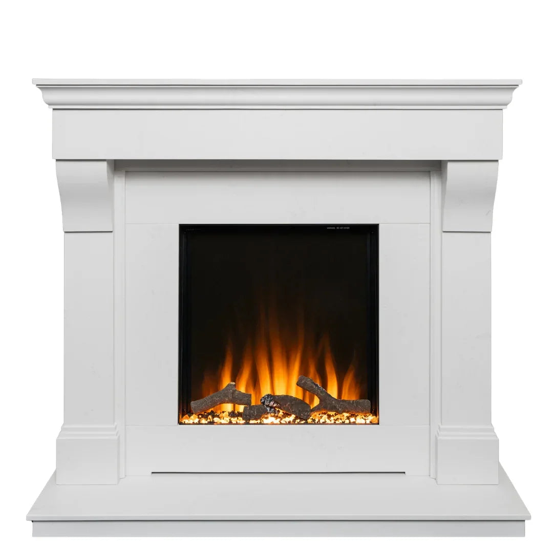 White electric fireplace with logs and glowing flame effect, mantelpiece front view