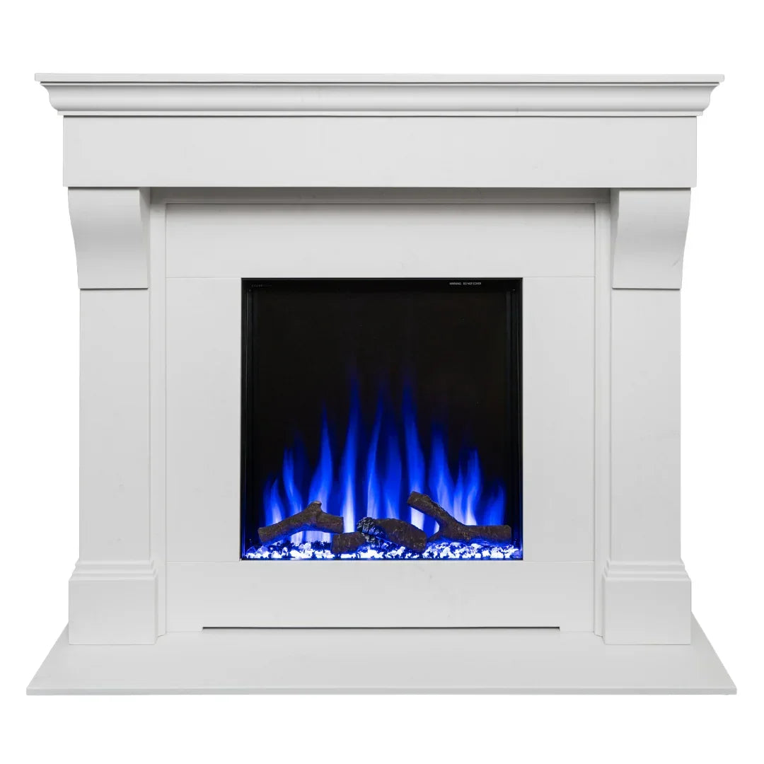 White electric fireplace suite with blue LED flame and log effect, front view