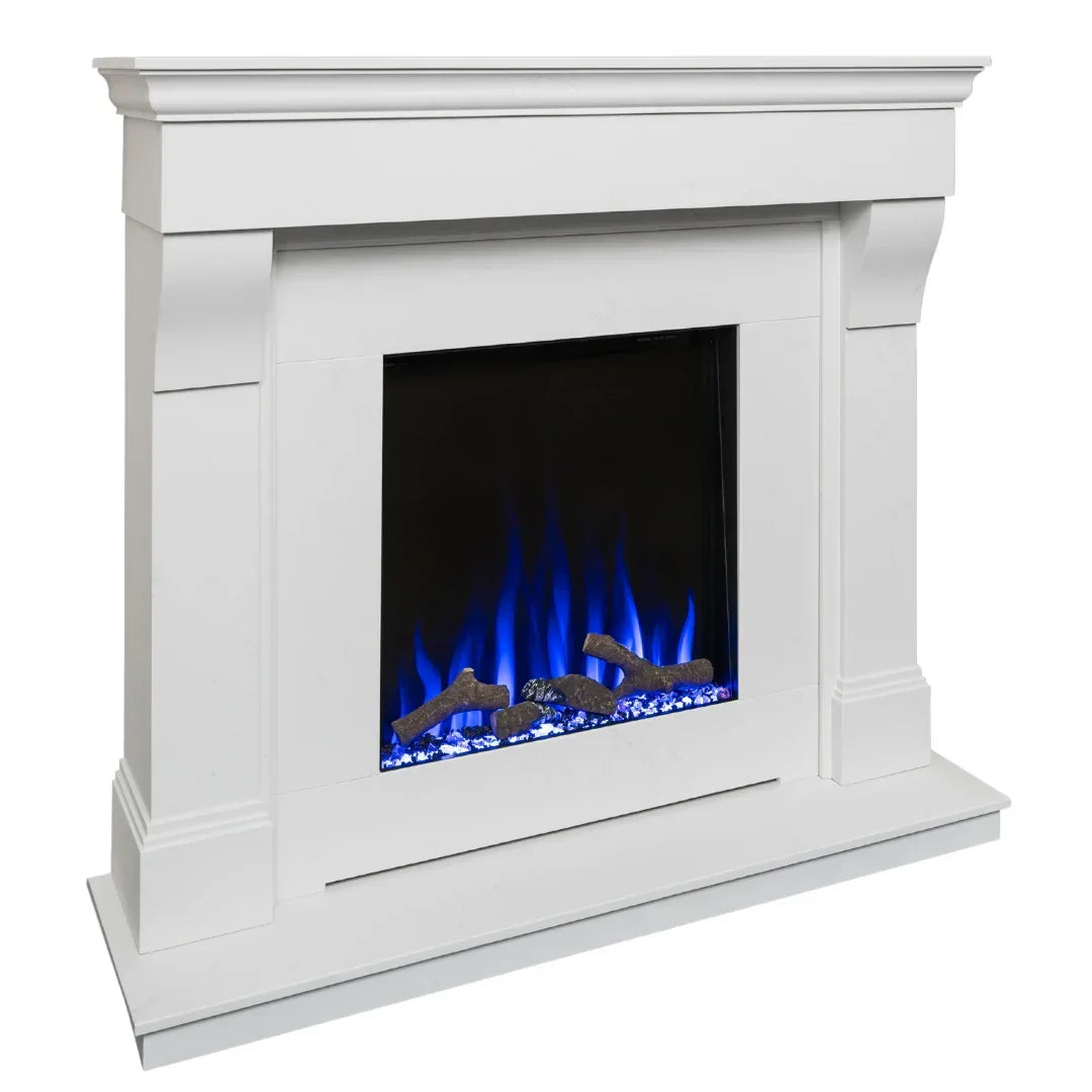 white electric fireplace suite with blue flame effect and log detail