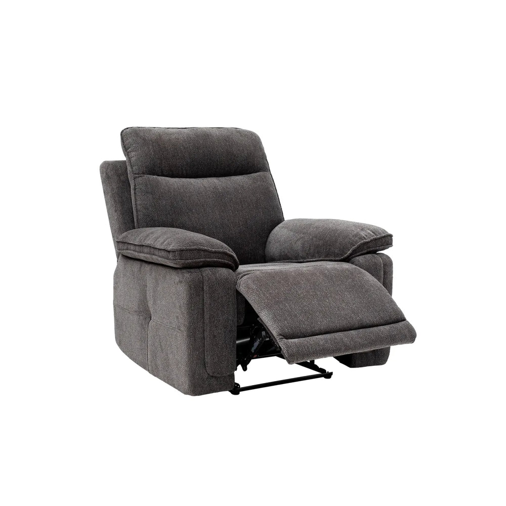 A dark gray upholstered recliner chair with the footrest extended, shown against a plain white background.