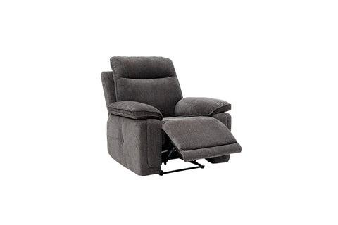 A dark gray upholstered recliner chair with the footrest extended, shown against a plain white background.