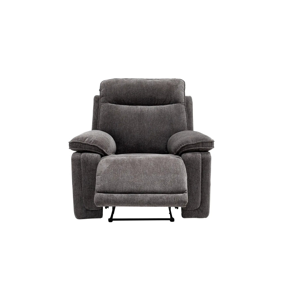 A dark gray upholstered recliner chair with a matching footrest, shown from the front against a plain white background.
