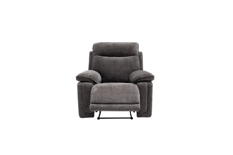 A dark gray upholstered recliner chair with a matching footrest, shown from the front against a plain white background.