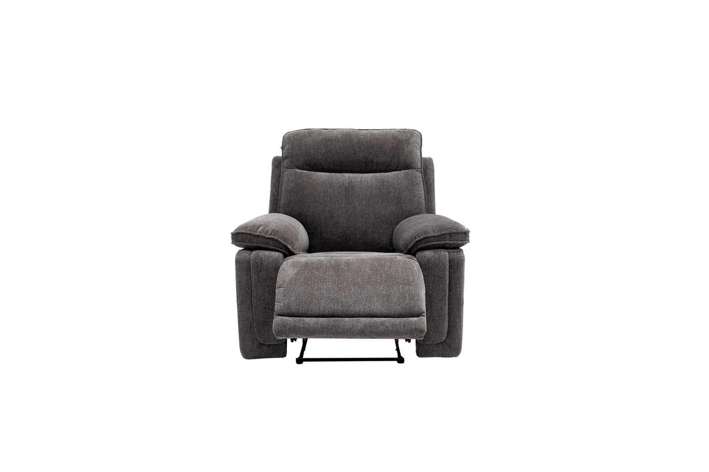 A dark gray upholstered recliner chair with a matching footrest, shown from the front against a plain white background.
