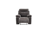 A dark gray upholstered recliner chair with a matching footrest, shown from the front against a plain white background.
