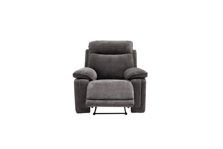 A dark gray upholstered recliner chair with a matching footrest, shown from the front against a plain white background.