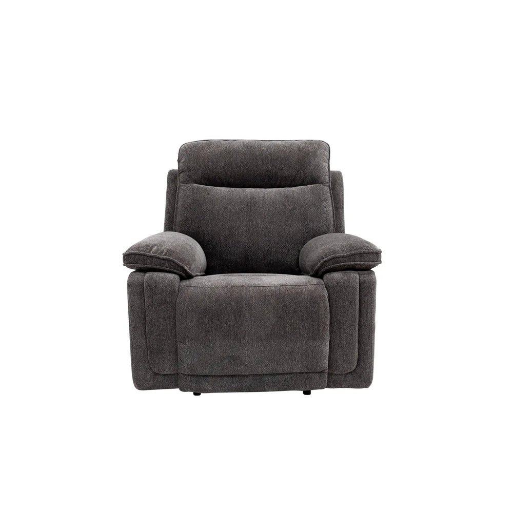 A dark gray upholstered recliner chair with a high back and wide armrests, shown against a plain white background.