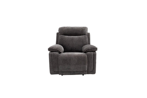 A dark gray upholstered recliner chair with a high back and wide armrests, shown against a plain white background.