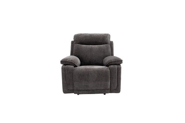 A dark gray upholstered recliner chair with a high back and wide armrests, shown against a plain white background.