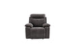A dark gray upholstered recliner chair with a high back and wide armrests, shown against a plain white background.