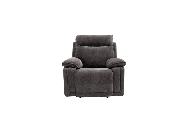 A dark gray upholstered recliner chair with a high back and wide armrests, shown against a plain white background.